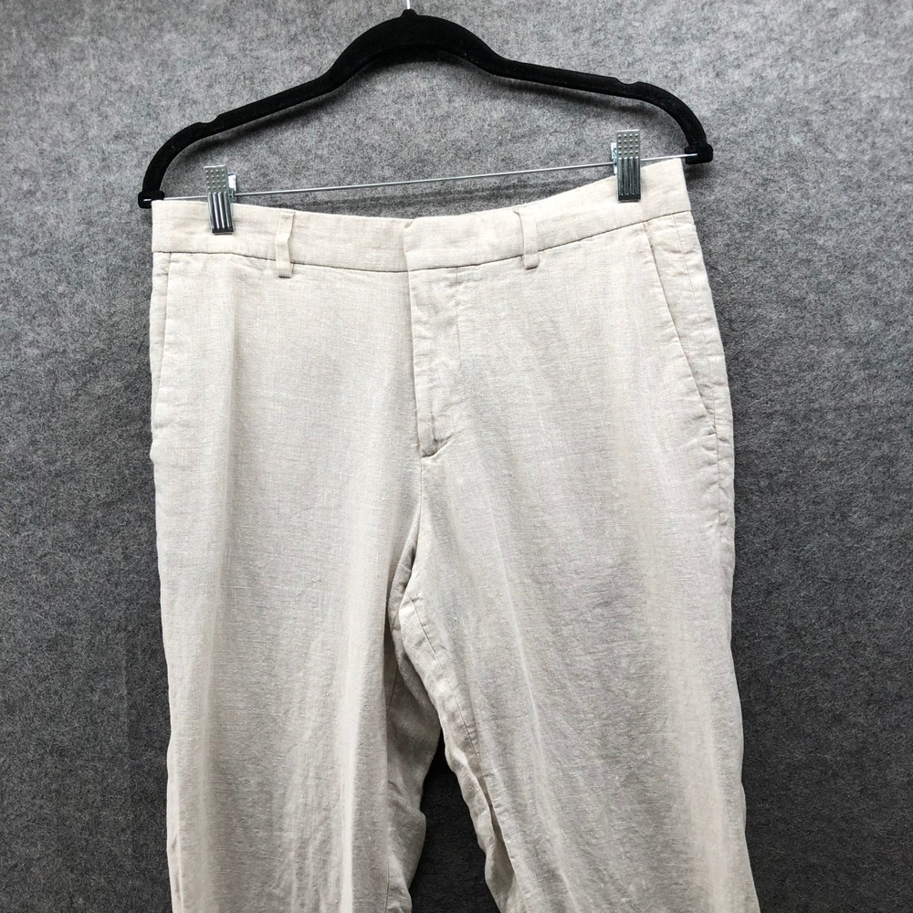 H&M Slim Fit Linen Trousers Mens 32R Beige Flat Front Casual Summer Beach Pants - Picture 3 of 9